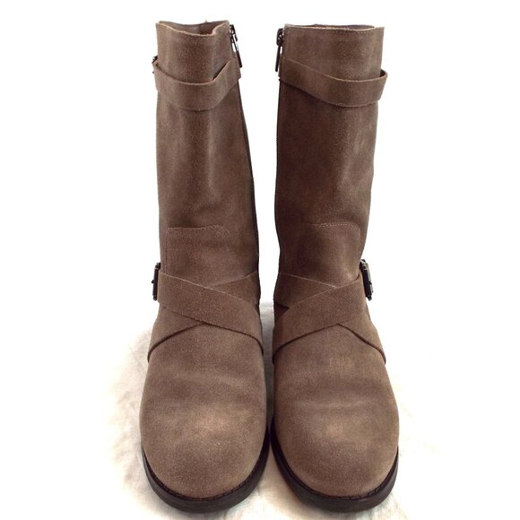 Vince Camuto Walleya Taupe Suede Leather Buckle Zip Moto Mid-Calf Boots Size 9.5 - Picture 4 of 11